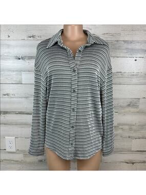 3rd + Malt Stretchy Button Up Green White Women’s Size Large Shirt Career Office